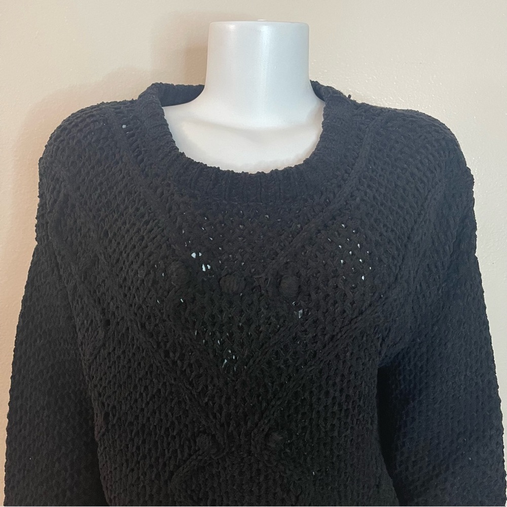 Black crew neck dropped shoulders ribbed trims  knit sweater - Picture 2 of 9